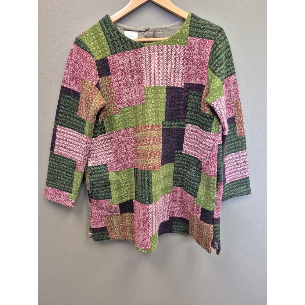Womens Patchwork Print Tunic Top 3/4 Sleeve Boho Cottagecore Mixed Pattern